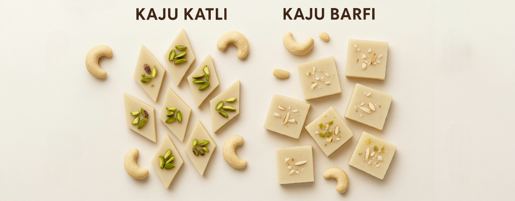 Left Side Kaju katli and Right side Kaju Barfi