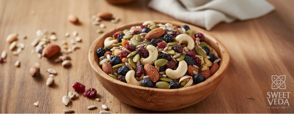 A vibrant assortment of mixed dry fruits including almonds, cashews, pistachios, cranberries, and blueberries, showcasing a healthy and premium snack option.