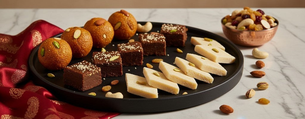 Traditional dry fruit sweets including dry fruit laddu, khajur pak, and kaju katli on a platter