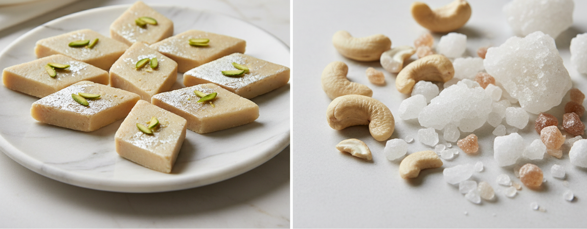 Traditional kaju katli made with cashews and rock sugar