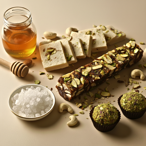 Assorted sweets Kaju katli, Dry fruit laddu, Khajur pak including a jar of honey, honeycomb, and various confections on a light background.