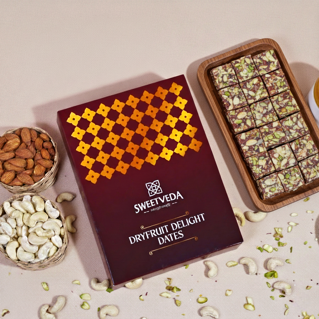 Sweetveda dryfruit delight dates packaging with nuts.