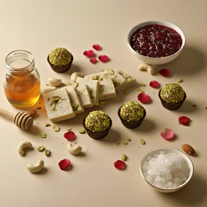 Assorted sweets with nuts, honey, and a bowl of red sauce on a beige surface.