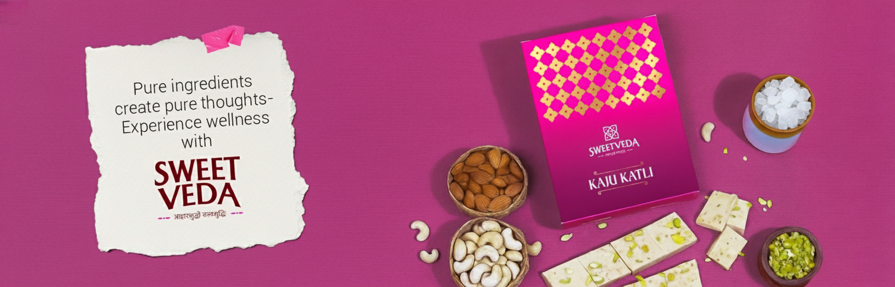 Sweetveda Kaju katli show case with ingredients - Rock Sugar, Cachew and Pistachio 