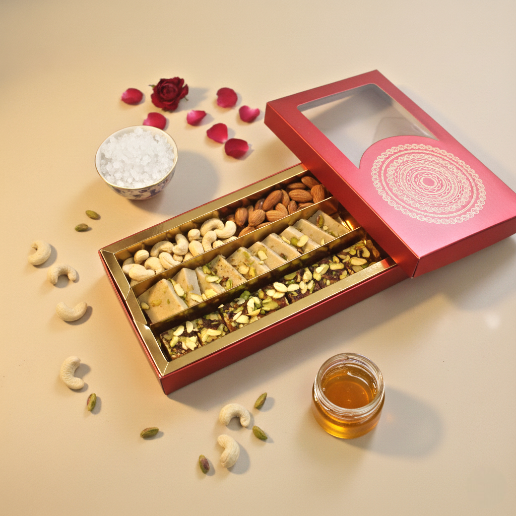 Open box of assorted dry fruits with a sweets. 