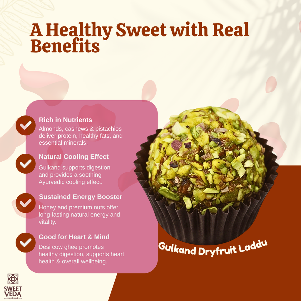 Gulkand Dryfruit Laddu with health benefits text
