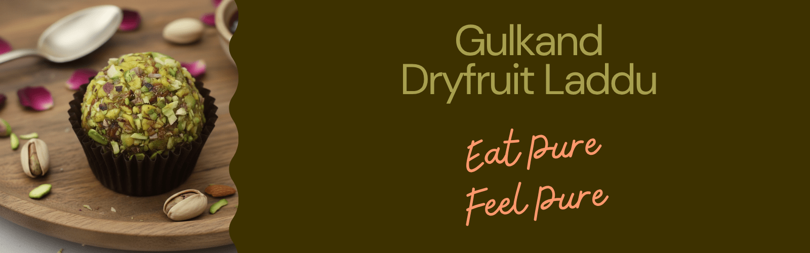 Gulkand Dryfruit Laddu on a wooden board with pistachios, against a brown background.